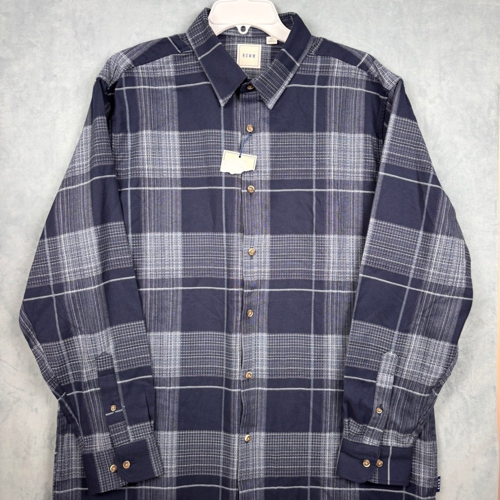 ROWM Mens XL Navy Blue White Plaid Textured Long Sleeve Button Down Shirt NWT